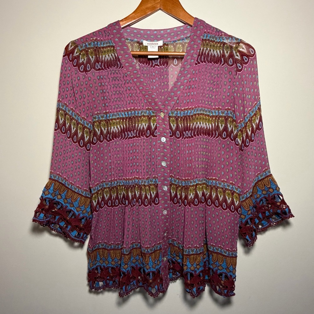 Sundance 100% Silk Boho Peasant Blouse Pink Print Crochet Lace Trim Small